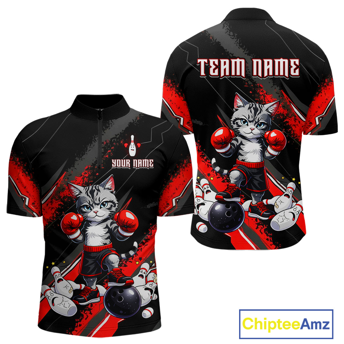Funny Red Cat Boxing Bowling Team Jersey Personalized Polo & 1/4 Zip Shirt for Men Bowling League QZT825