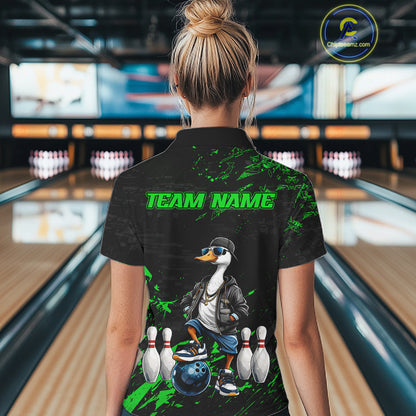Personalized Green Funny Goose Bowling Team Shirt for Women Bowling League Jersey Polo & 1/4-Zip QZT877