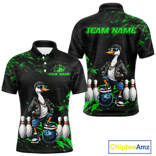 Personalized Green Funny Goose Bowling Team Shirt for Men Bowling League Jersey Polo & 1/4-Zip QZT877