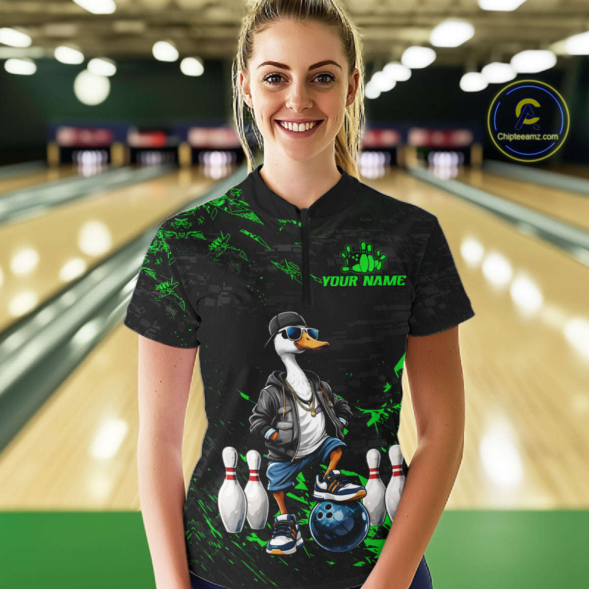 Personalized Green Funny Goose Bowling Team Shirt for Women Bowling League Jersey Polo & 1/4-Zip QZT877