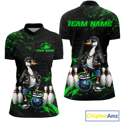 Personalized Green Funny Goose Bowling Team Shirt for Women Bowling League Jersey Polo & 1/4-Zip QZT877