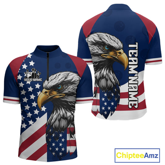 Custom US Flag Eagle Bowling Team Shirt for Men Bowling League Jersey Polo & Quarter-Zip QZT816