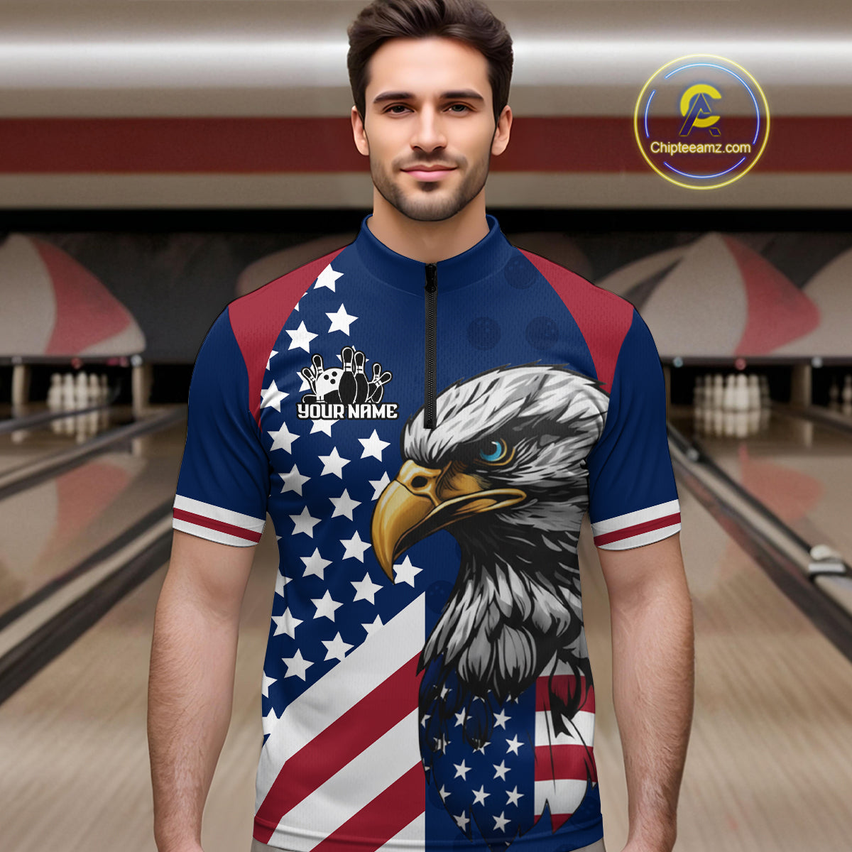 Custom US Flag Eagle Bowling Team Shirt for Men Bowling League Jersey Polo & Quarter-Zip QZT816