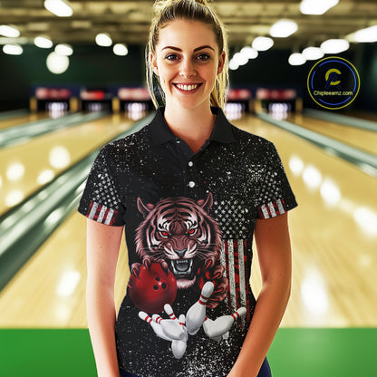 Custom American Flag Bowling Shirt Tiger Bowling Jersey League Polo & 1/4 Zip Bowling for Women QZT835
