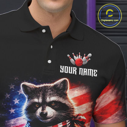 Custom American Flag Raccoon Bowling Shirt Bowling Jersey for Men Patriotic Bowling Polo & 1/4-Zip QZT974