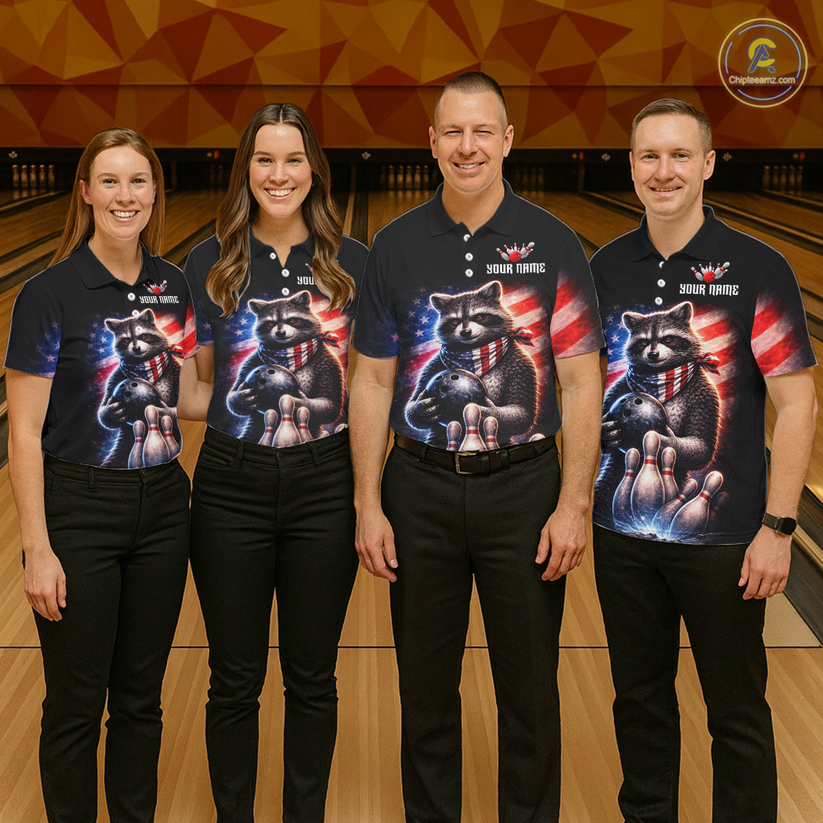Custom American Flag Raccoon Bowling Shirt Bowling Jersey for Men Patriotic Bowling Polo & 1/4-Zip QZT974