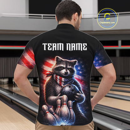 Custom American Flag Raccoon Bowling Shirt Bowling Jersey for Men Patriotic Bowling Polo & 1/4-Zip QZT974