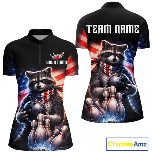 Custom American Flag Raccoon Bowling Shirt Bowling Jersey for Women Patriotic Bowling Polo & 1/4-Zip QZT974