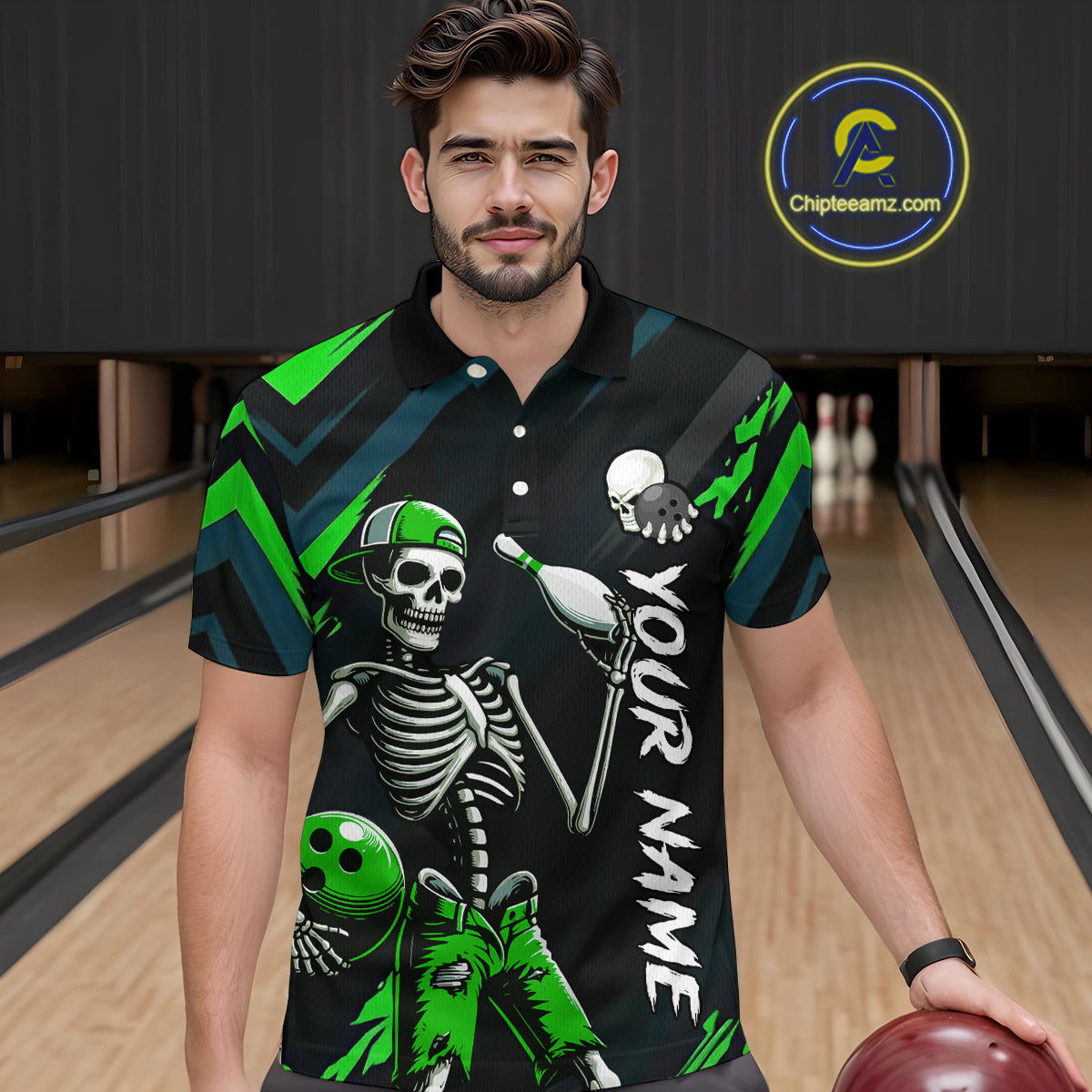 Custom Green Skull Bowling Team Shirt for Men Polo & 1/4 Zip Bowling League Jersey Bowling Unisex QZT794