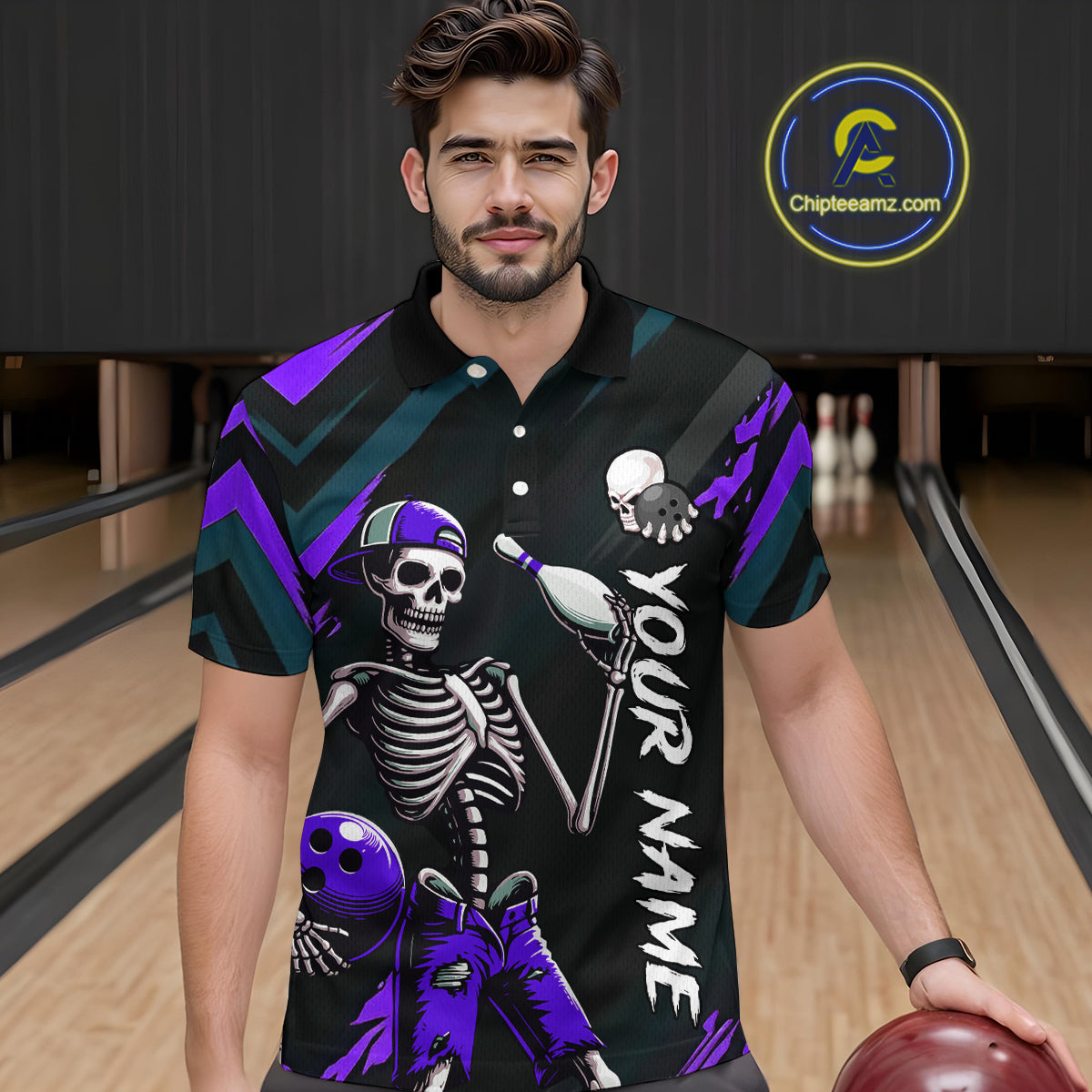 Custom Purple Skull Bowling Team Shirt for Men Polo & 1/4 Zip Bowling League Jersey Bowling Unisex QZT794