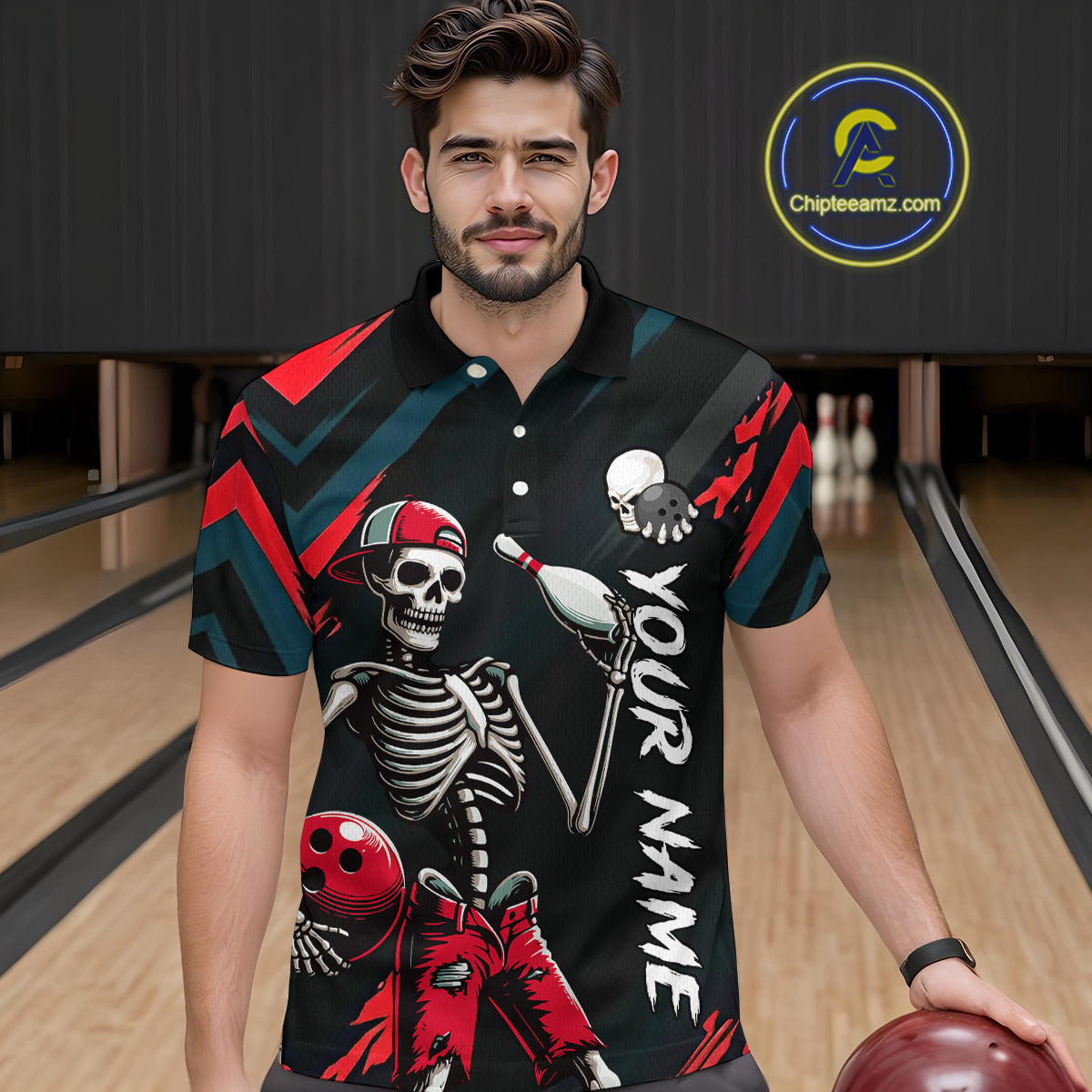 Custom Red Skull Bowling Team Shirt for Men Polo & 1/4 Zip Bowling League Jersey Bowling Unisex QZT794
