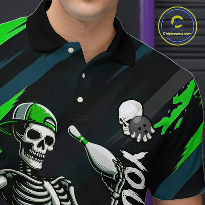 Custom Green Skull Bowling Team Shirt for Men Polo & 1/4 Zip Bowling League Jersey Bowling Unisex QZT794