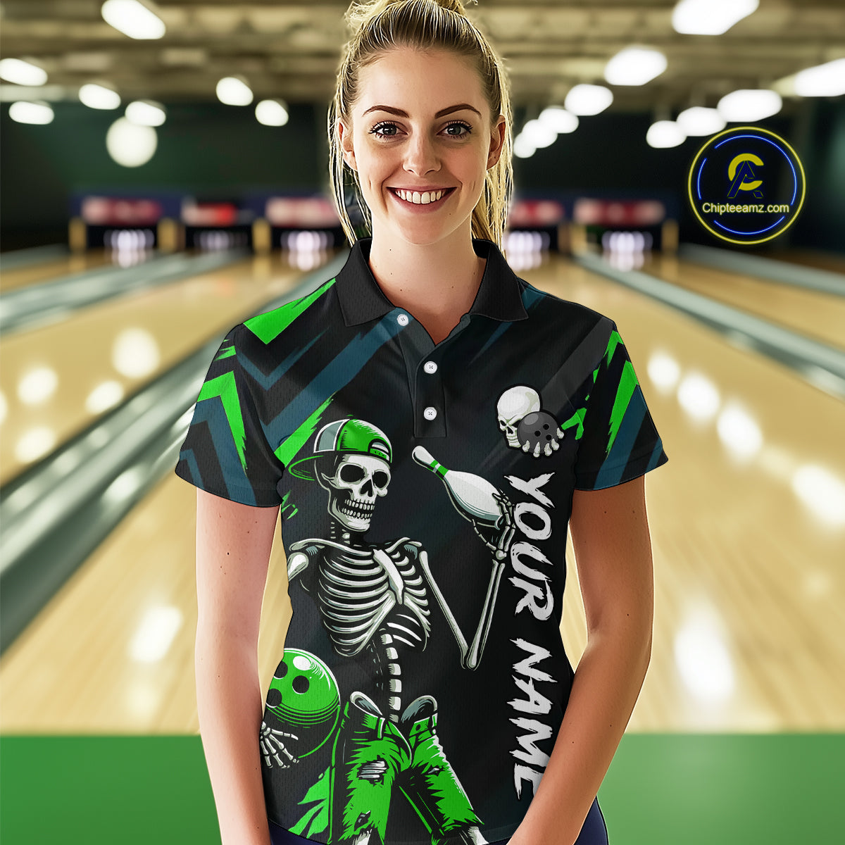 Custom Green Skull Bowling Team Shirt for Women Polo & 1/4 Zip Bowling League Jersey Bowling Gift QZT794