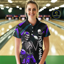 Load image into Gallery viewer, Custom Purple Skull Bowling Team Shirt for Women Polo &amp; 1/4 Zip Bowling League Jersey Bowling Gift QZT794