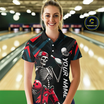 Custom Red Skull Bowling Team Shirt for Women Polo & 1/4 Zip Bowling League Jersey Bowling Gift QZT794