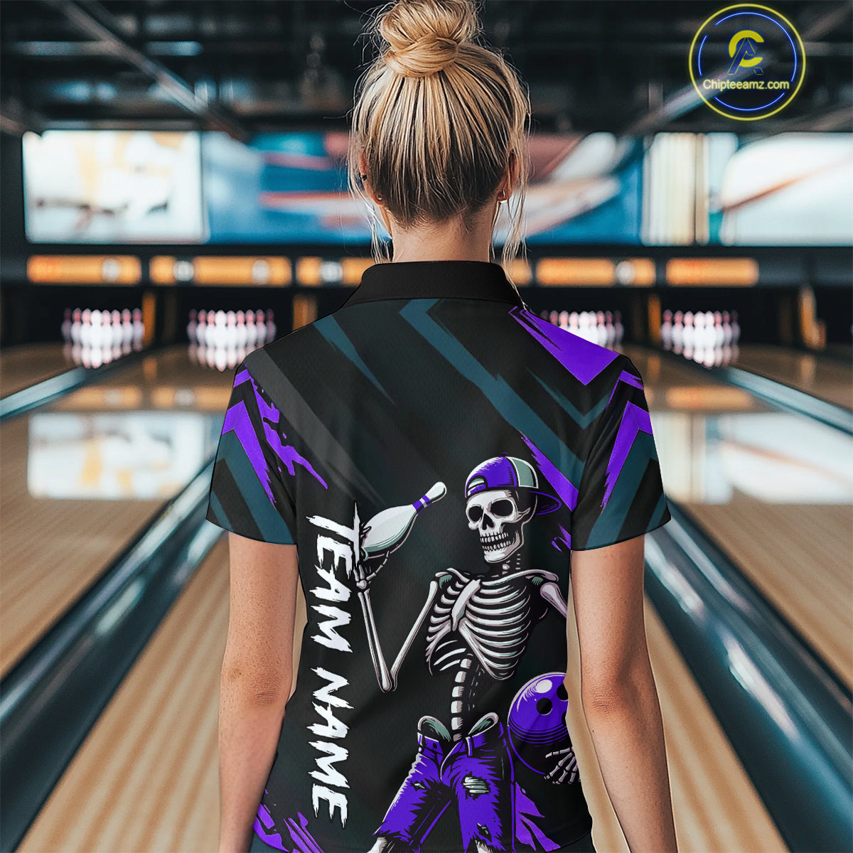 Custom Purple Skull Bowling Team Shirt for Women Polo & 1/4 Zip Bowling League Jersey Bowling Gift QZT794