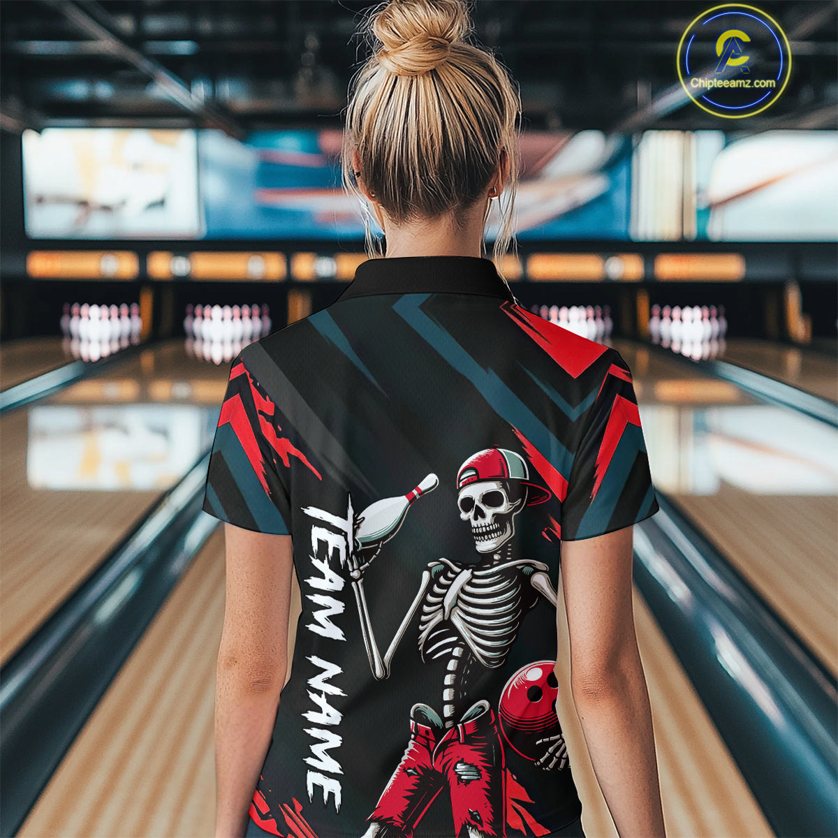 Custom Red Skull Bowling Team Shirt for Women Polo & 1/4 Zip Bowling League Jersey Bowling Gift QZT794