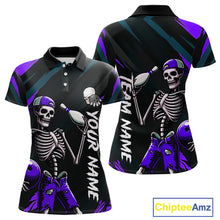 Load image into Gallery viewer, Custom Purple Skull Bowling Team Shirt for Women Polo &amp; 1/4 Zip Bowling League Jersey Bowling Gift QZT794