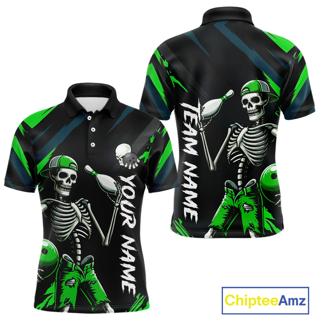 Custom Green Skull Bowling Team Shirt for Men Polo & 1/4 Zip Bowling League Jersey Bowling Unisex QZT794