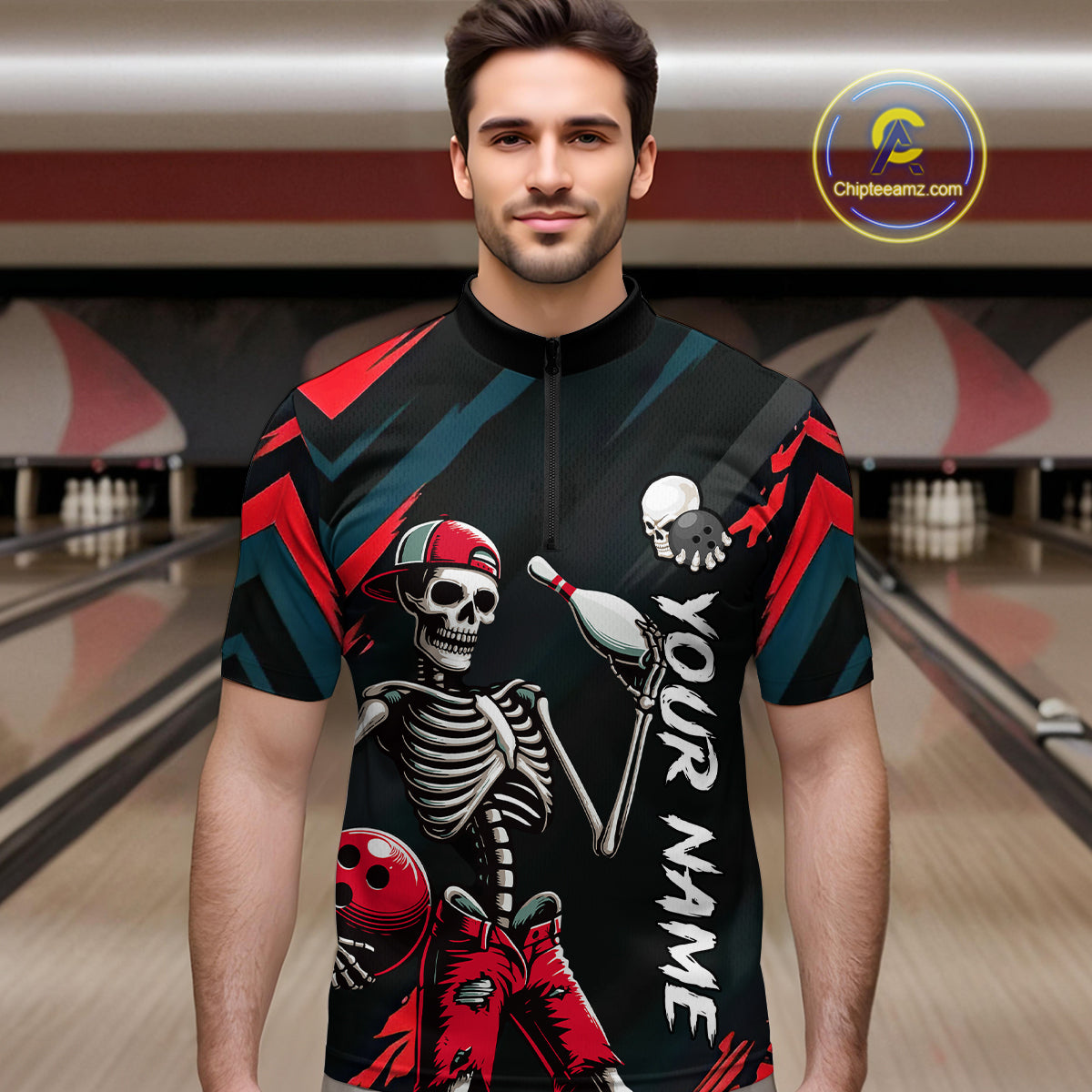 Custom Red Skull Bowling Team Shirt for Men Polo & 1/4 Zip Bowling League Jersey Bowling Unisex QZT794