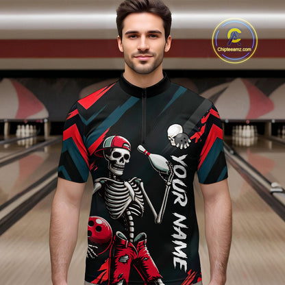Custom Red Skull Bowling Team Shirt for Men Polo & 1/4 Zip Bowling League Jersey Bowling Unisex QZT794
