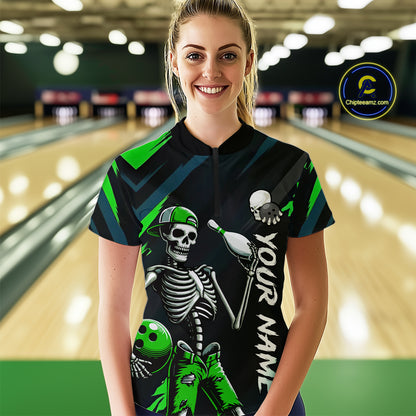 Custom Green Skull Bowling Team Shirt for Women Polo & 1/4 Zip Bowling League Jersey Bowling Gift QZT794