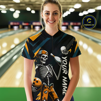 Custom Yellow Skull Bowling Team Shirt for Women Polo & 1/4 Zip Bowling League Jersey Bowling Gift QZT794