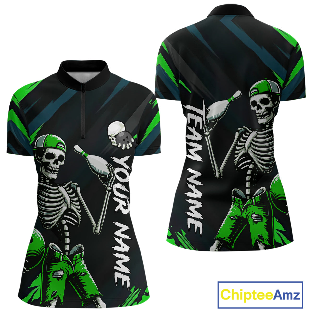 Custom Green Skull Bowling Team Shirt for Women Polo & 1/4 Zip Bowling League Jersey Bowling Gift QZT794