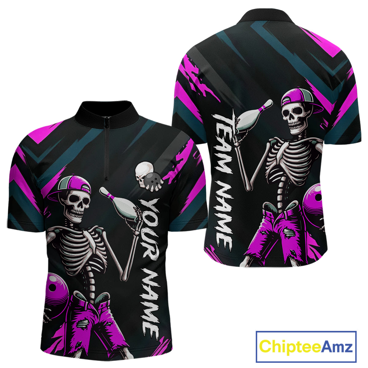 Custom Pink Skull Bowling Team Shirt for Men Polo & 1/4 Zip Bowling League Jersey Bowling Unisex QZT794