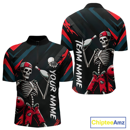 Custom Red Skull Bowling Team Shirt for Men Polo & 1/4 Zip Bowling League Jersey Bowling Unisex QZT794