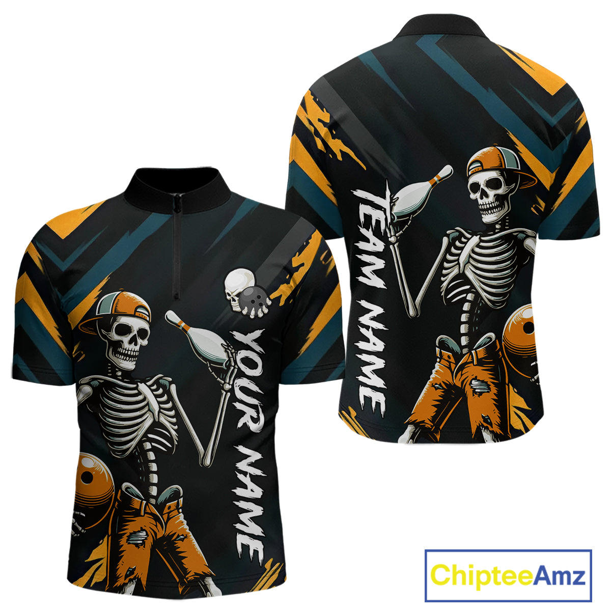 Custom Yellow Skull Bowling Team Shirt for Men Polo & 1/4 Zip Bowling League Jersey Bowling Unisex QZT794