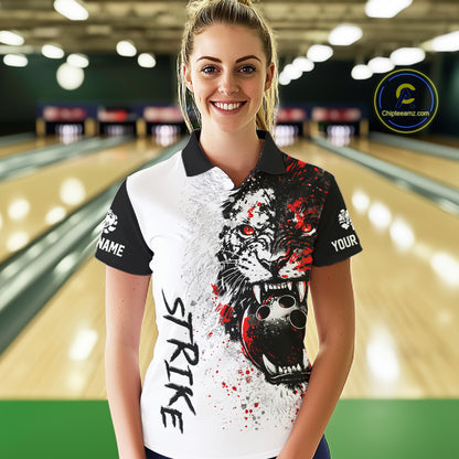 Custom Red & White Tiger Bowling Team Jersey for Women Bowling Shirt Polo & 1/4 Zip Bowling Outfit QZT841