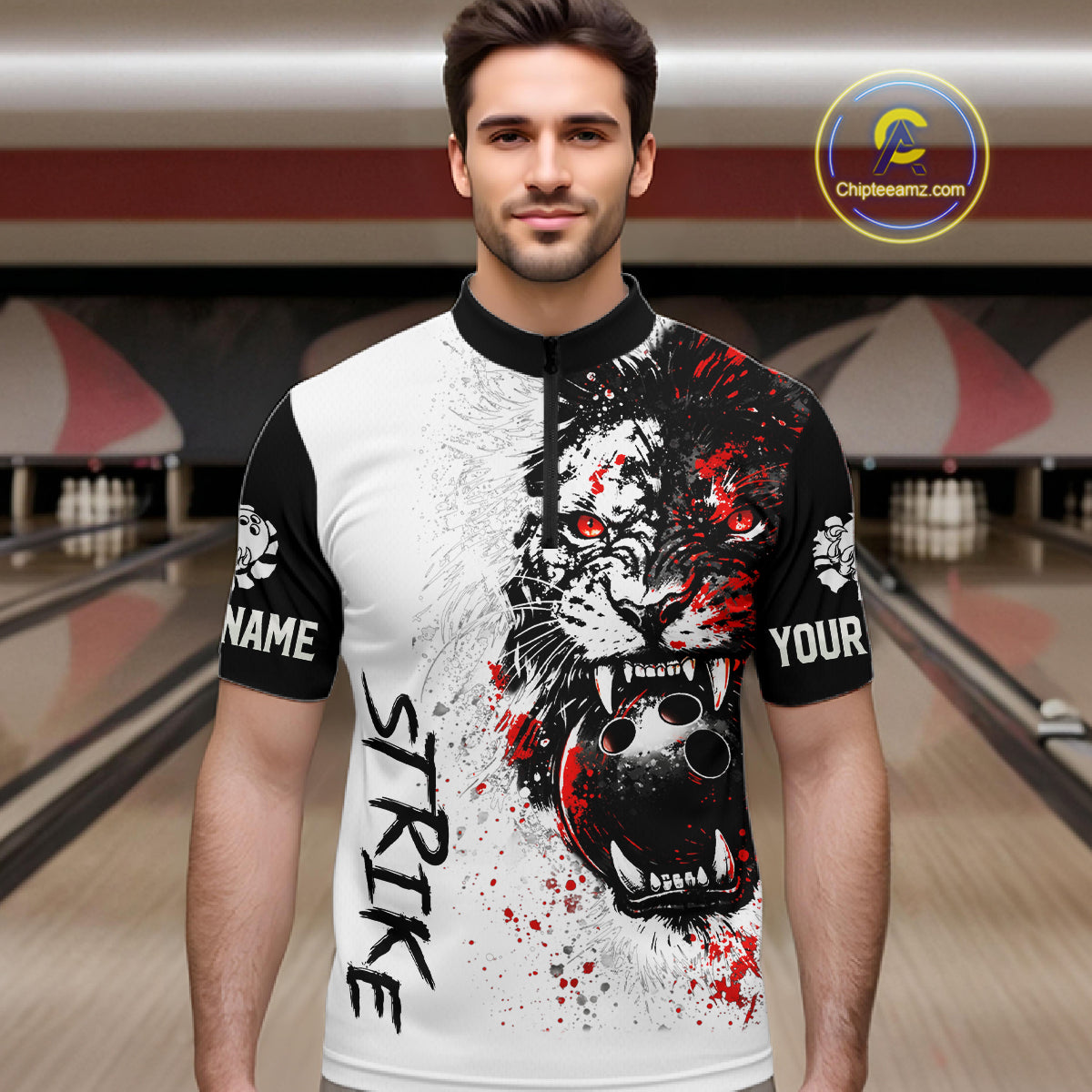 Custom Red & White Tiger Bowling Team Jersey for Men Bowling Shirt Polo & 1/4 Zip Bowling Outfit QZT841