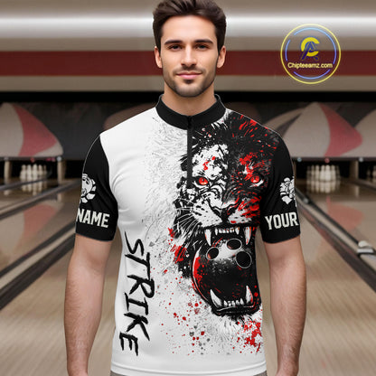 Custom Red & White Tiger Bowling Team Jersey for Men Bowling Shirt Polo & 1/4 Zip Bowling Outfit QZT841
