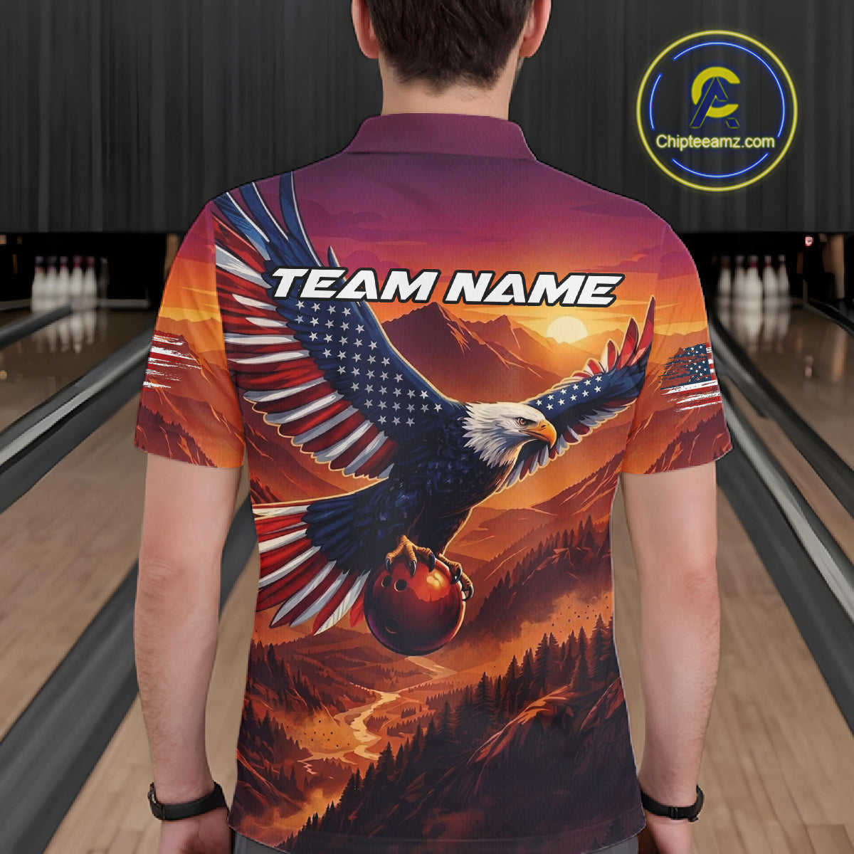 Custom American Eagle Bowling Shirt for Men Sunset Bowling Jersey Patriotic Bowling Outfit QZT975
