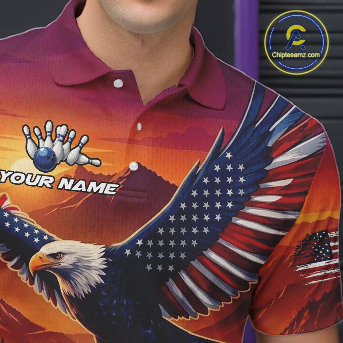 Custom American Eagle Bowling Shirt for Men Sunset Bowling Jersey Patriotic Bowling Outfit QZT975