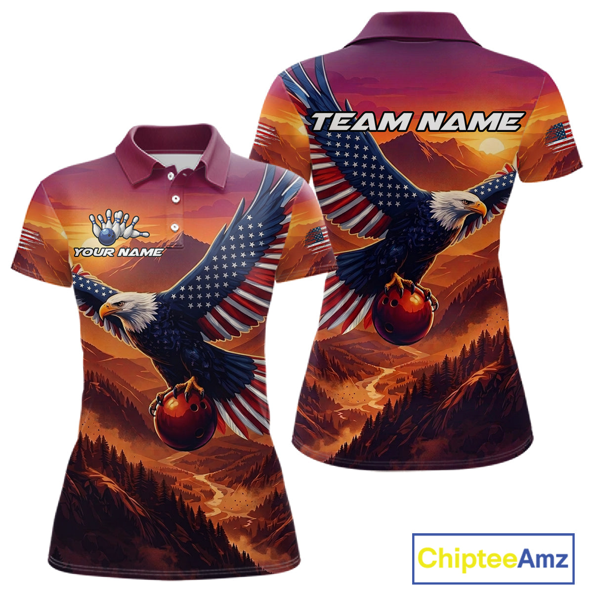 Custom American Eagle Bowling Shirt for Women Sunset Bowling Jersey Patriotic QZT975