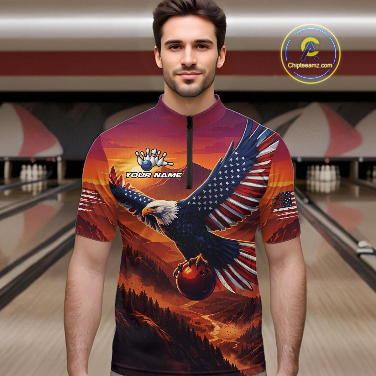 Custom American Eagle Bowling Shirt for Men Sunset Bowling Jersey Patriotic Bowling Outfit QZT975