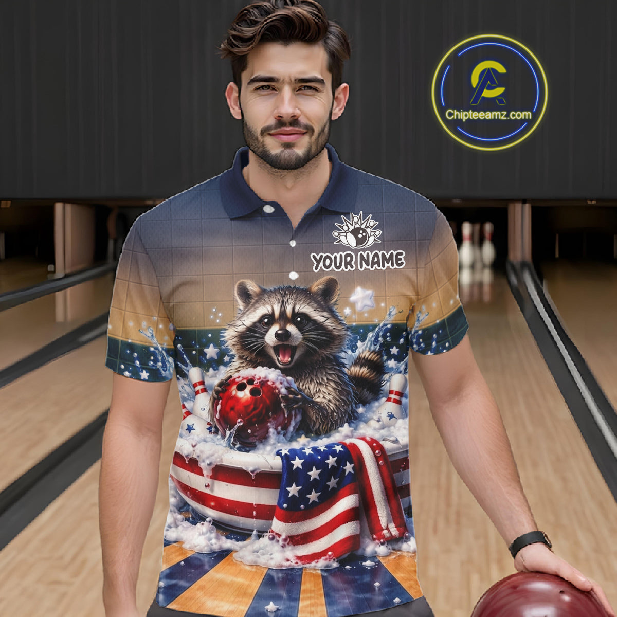 Funny Raccoon Bowling Shirt for Men Custom Patriotic Bowling Jersey US Flag Bowling Outfit QZT976
