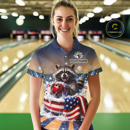Funny US Flag Raccoon Bowling Shirt for Women Custom Patriotic Bowling Jersey QZT976