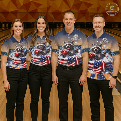 Funny US Flag Raccoon Bowling Shirt for Women Custom Patriotic Bowling Jersey QZT976