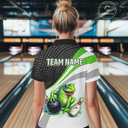Personalized Funny Green Frog Bowling Shirt Ugly Bowling Jersey Unisex Polo for Women QZT845