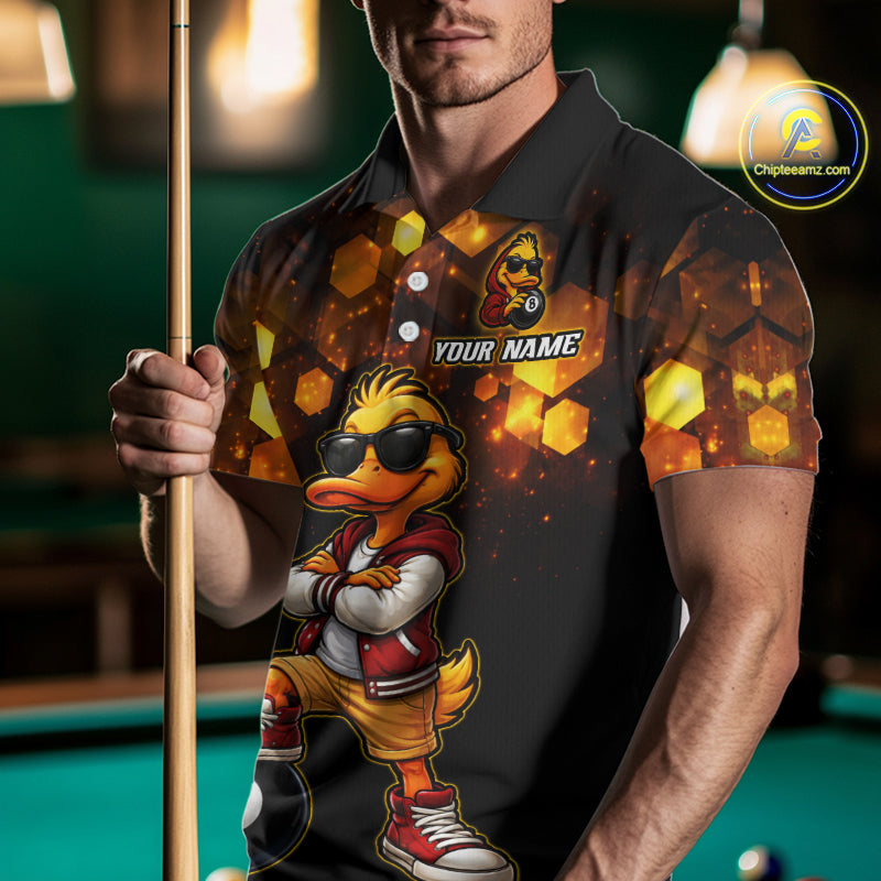 Custom Black & Gold Funny Duck Billiard Shirt for Men Billiard Jersey League 8 Ball Pool for Couples BHT14