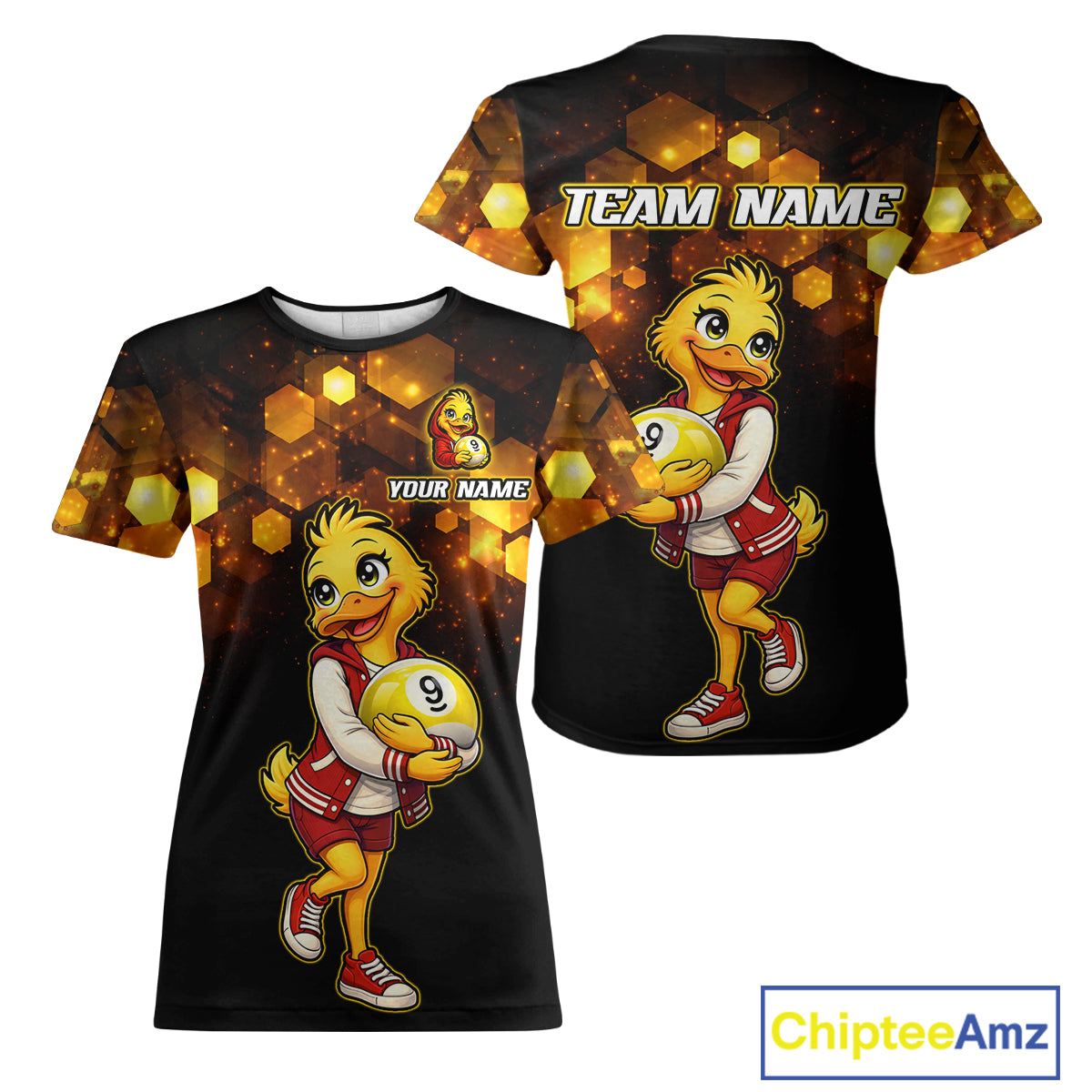 Two black t-shirts with a cartoon duck holding a pool ball and 'Team Name' text on a white background.