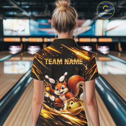 Back & Gold Squirrel Bowling Team Shirt for Women Custom Funny Bowling Jersey Polo & 1/4-Zip QZT980
