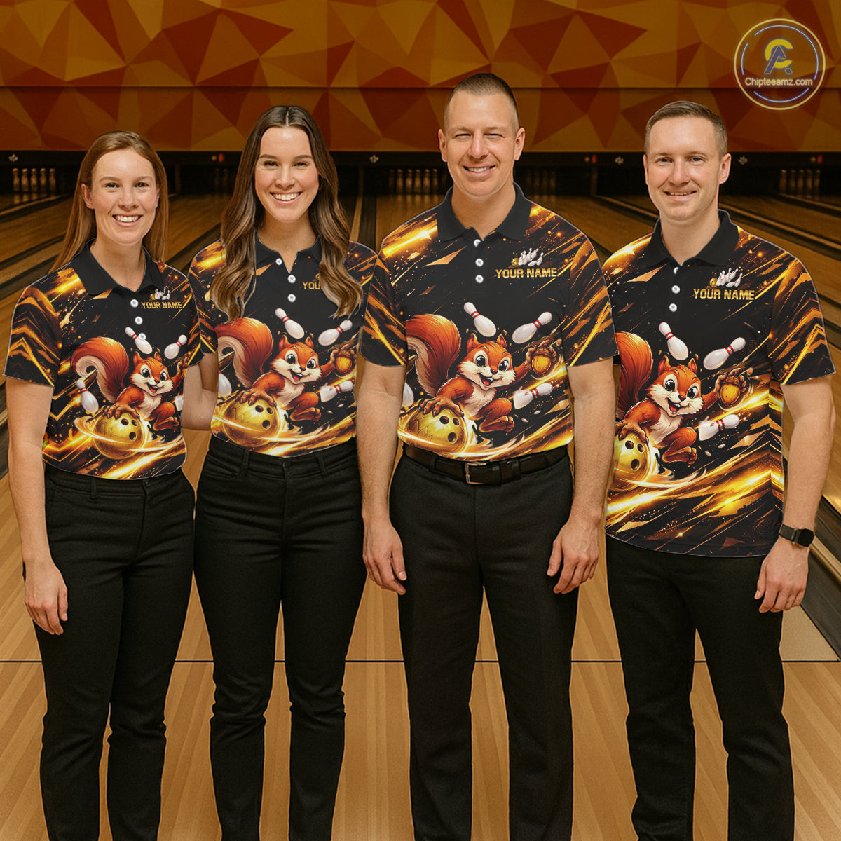 Back & Gold Squirrel Bowling Team Shirt for Women Custom Funny Bowling Jersey Polo & 1/4-Zip QZT980