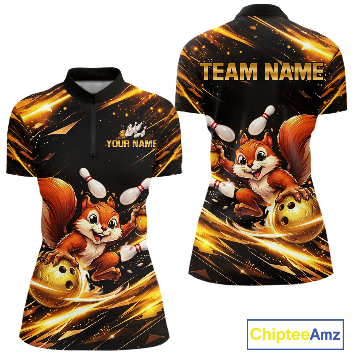 Back & Gold Squirrel Bowling Team Shirt for Women Custom Funny Bowling Jersey Polo & 1/4-Zip QZT980
