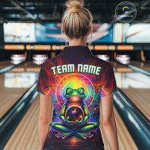 Load image into Gallery viewer, Female model wearing a custom zen frog bowling quarter-zip shirt back view displaying the personalized team name above a vibrant neon frog artwork at the bowling alley