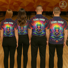 Load image into Gallery viewer, Group of four wearing custom zen frog bowling shirts front view featuring vibrant neon frog artwork with bowling ball, glowing cosmic background and colorful psychedelic pattern at the bowling alley