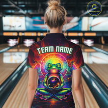 Load image into Gallery viewer, Female model wearing a custom zen frog bowling polo shirt back view displaying the personalized team name above a vibrant neon frog artwork at the bowling alley